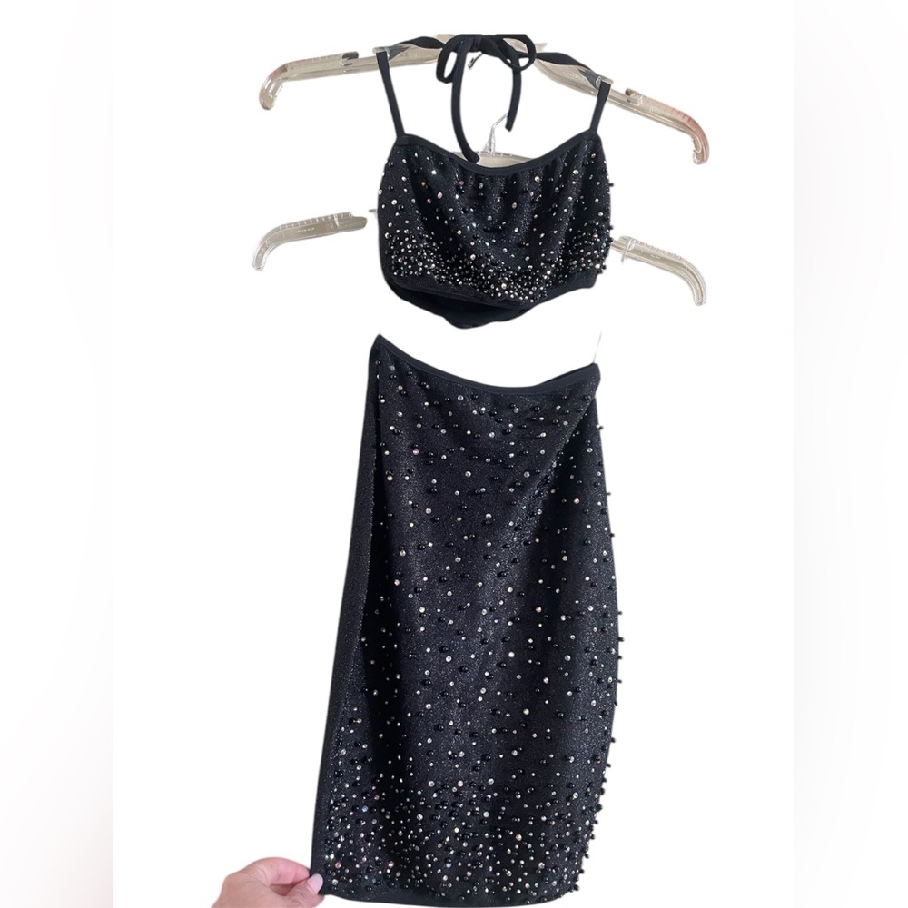 Oh Polly Black Beaded Set:  Skirt and Crop Top w Halter Ties Sz 0 NWT